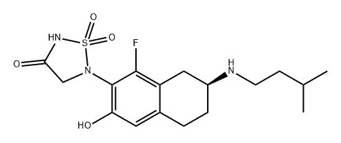 1,2,5-Thiadiazolidin-3-one, 5-[(7S)-1-fluoro-5,6,7,8-tetrahydro-3-hydroxy-7-[(3-methylbutyl)amino]-2-naphthalenyl]-, 1,1-dioxide Struktur