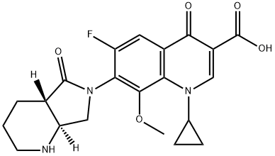 3-Quinolinecarboxylic acid, 1-cyclopropyl-6-fluoro-1,4-dihydro-8-methoxy-7-[(4aS,7aS)-octahydro-5-oxo-6H-pyrrolo[3,4-b]pyridin-6-yl]-4-oxo- Structure