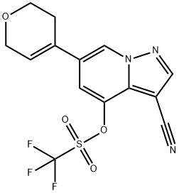 Methanesulfonic acid, 1,1,1-trifluoro-, 3-cyano-6-(3,6-dihydro-2H-pyran-4-yl)pyrazolo[1,5-a]pyridin-4-yl ester Structure