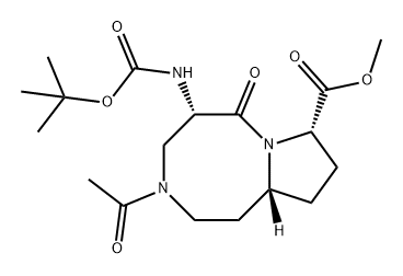 Pyrrolo[1,2-a][1,5]diazocine-8-carboxylic acid, 3-acetyl-5-[[(1,1-dimethylethoxy)carbonyl]amino]decahydro-6-oxo-, methyl ester, (5S,8S,10aR)- 化学構造式