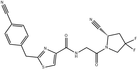 4-Thiazolecarboxamide, N-[2-[(2S)-2-cyano-4,4-difluoro-1-pyrrolidinyl]-2-oxoethyl]-2-[(4-cyanophenyl)methyl]- Struktur