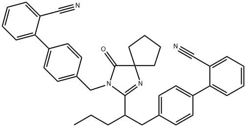 [1,1'-Biphenyl]-2-carbonitrile, 4'-[[2-[1-[(2'-cyano[1,1'-biphenyl]-4-yl)methyl]butyl]-4-oxo-1,3-diazaspiro[4.4]non-1-en-3-yl]methyl]- Structure
