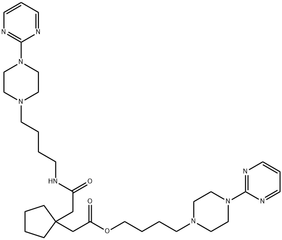 Cyclopentaneacetic acid, 1-[2-oxo-2-[[4-[4-(2-pyrimidinyl)-1-piperazinyl]butyl]amino]ethyl]-, 4-[4-(2-pyrimidinyl)-1-piperazinyl]butyl ester Struktur