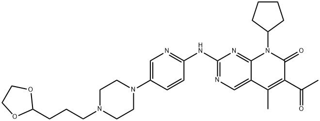 Pyrido[2,3-d]pyrimidin-7(8H)-one, 6-acetyl-8-cyclopentyl-2-[[5-[4-[3-(1,3-dioxolan-2-yl)propyl]-1-piperazinyl]-2-pyridinyl]amino]-5-methyl- Struktur