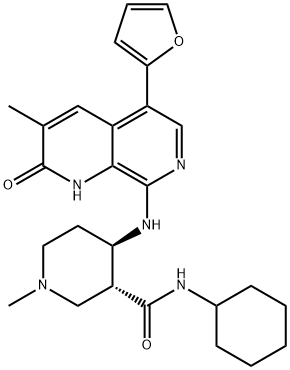 3-Piperidinecarboxamide, N-cyclohexyl-4-[[5-(2-furanyl)-1,2-dihydro-3-methyl-2-oxo-1,7-naphthyridin-8-yl]amino]-1-methyl-, (3R,4R)- Structure