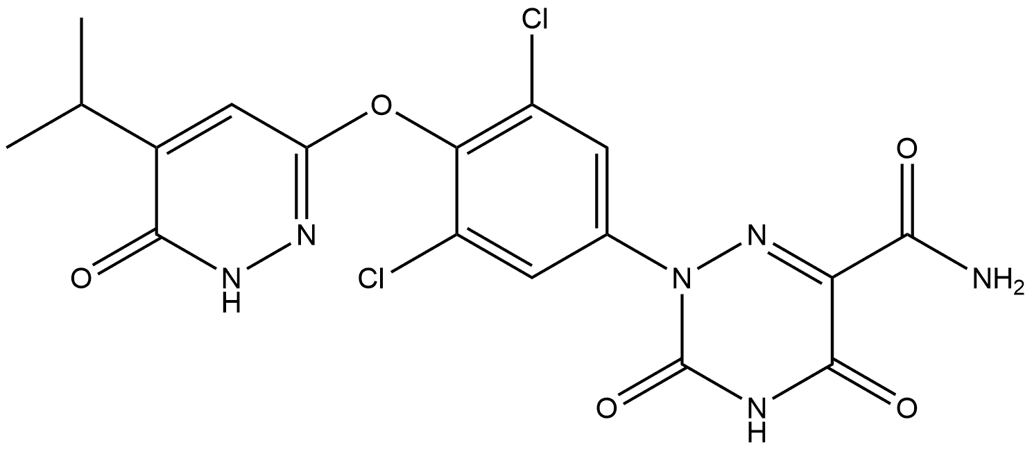 2-[3,5-Dichloro-4-[[1,6-dihydro-5-(1-methylethyl)-6-oxo-3-pyridazinyl]oxy]phenyl]-2,3,4,5-tetrahydro-3,5-dioxo-1,2,4-triazine-6-carboxamide Struktur