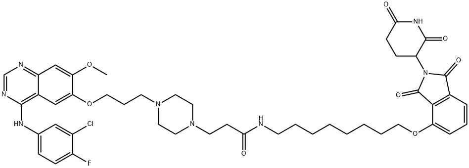1-Piperazinepropanamide, 4-[3-[[4-[(3-chloro-4-fluorophenyl)amino]-7-methoxy-6-quinazolinyl]oxy]propyl]-N-[8-[[2-(2,6-dioxo-3-piperidinyl)-2,3-dihydro-1,3-dioxo-1H-isoindol-4-yl]oxy]octyl]- Struktur