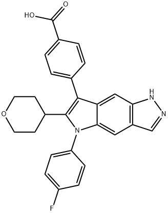 Benzoic acid, 4-[5-(4-fluorophenyl)-1,5-dihydro-6-(tetrahydro-2H-pyran-4-yl)pyrrolo[2,3-f]indazol-7-yl]- Struktur
