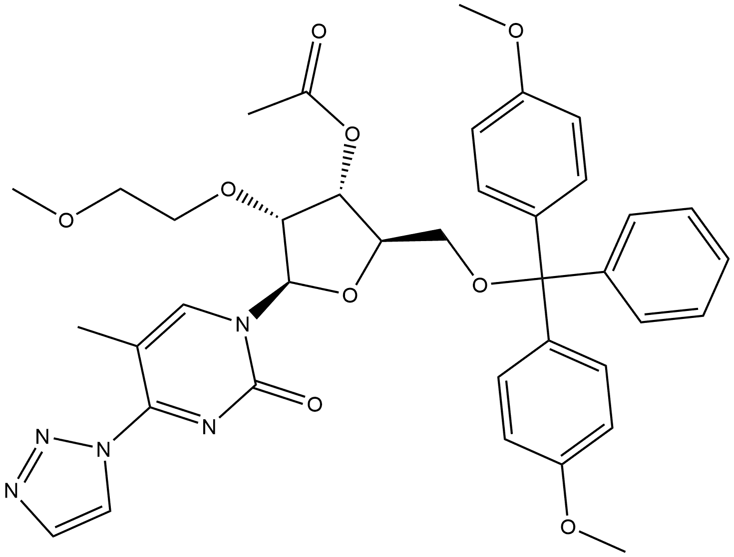 256489-97-1 2(1H)-Pyrimidinone, 1-[3-O-acetyl-5-O-[bis(4-methoxyphenyl)phenylmethyl]-2-O-(2-methoxyethyl)-β-D-ribofuranosyl]-5-methyl-4-(1H-1,2,3-triazol-1-yl)-