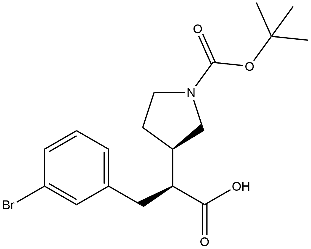 3-Pyrrolidineacetic acid, α-[(3-bromophenyl)methyl]-1-[(1,1-dimethylethoxy)carbonyl]-, (αS,3R)- 化学構造式