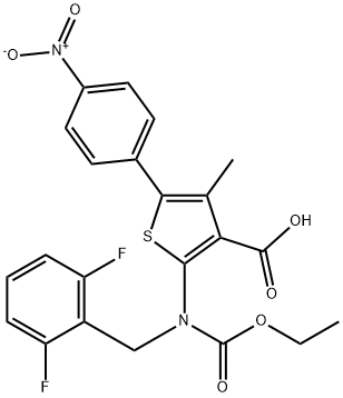 3-Thiophenecarboxylic acid, 2-[[(2,6-difluorophenyl)methyl](ethoxycarbonyl)amino]-4-methyl-5-(4-nitrophenyl)- Struktur