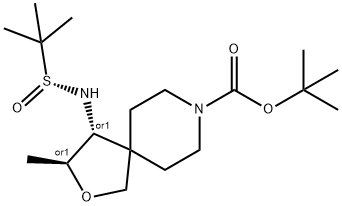 2-Oxa-8-azaspiro[4.5]decane-8-carboxylic acid, 4-[[(R)-(1,1-dimethylethyl)sulfinyl]amino]-3-methyl-, 1,1-dimethylethyl ester, (3S,4R)-rel- 结构式