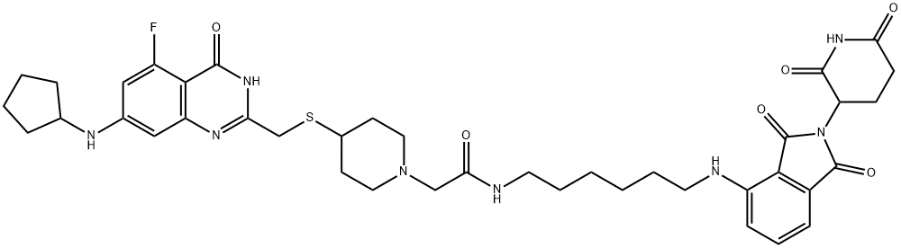 1-Piperidineacetamide, 4-[[[7-(cyclopentylamino)-5-fluoro-3,4-dihydro-4-oxo-2-quinazolinyl]methyl]thio]-N-[6-[[2-(2,6-dioxo-3-piperidinyl)-2,3-dihydro-1,3-dioxo-1H-isoindol-4-yl]amino]hexyl]-,2569517-30-0,结构式