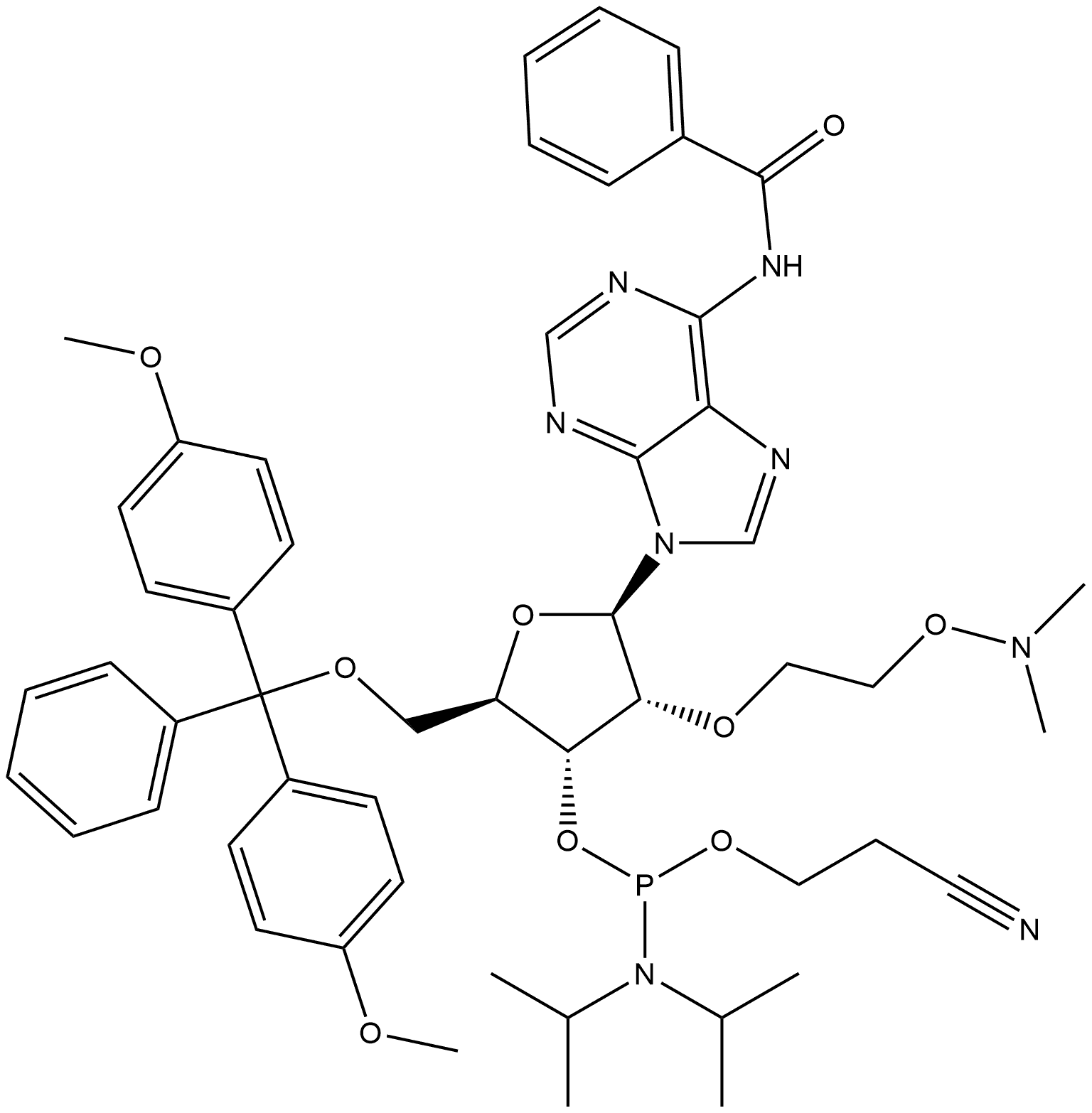 Adenosine, N-benzoyl-5'-O-[bis(4-methoxyphenyl)phenylmethyl]-2'-O-[2-[(dimethylamino)oxy]ethyl]-, 3'-[2-cyanoethyl bis(1-methylethyl)phosphoramidite] (9CI),257277-58-0,结构式