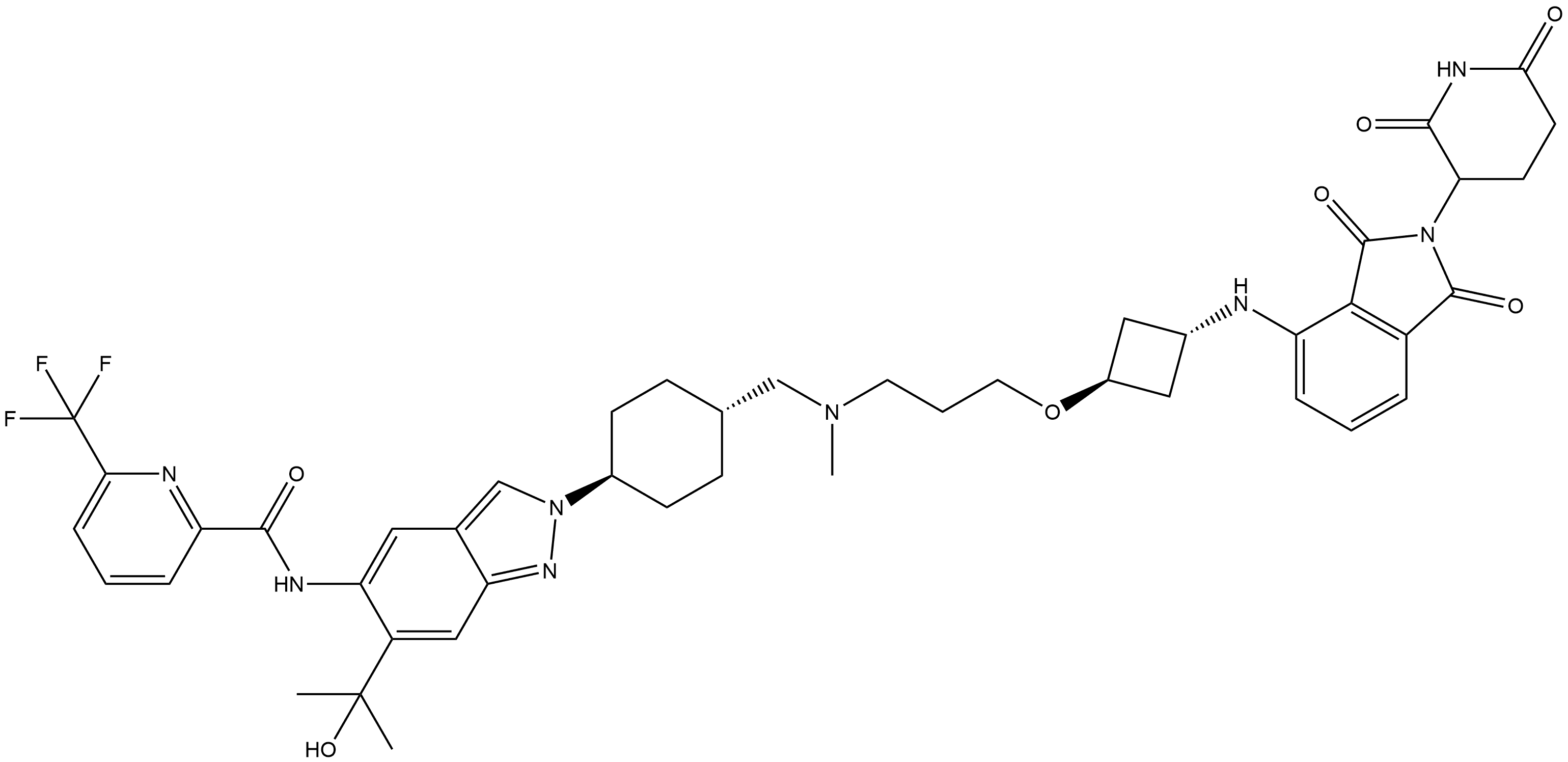 2-Pyridinecarboxamide, N-[2-[trans-4-[[[3-[[trans-3-[[2-(2,6-dioxo-3-piperidinyl)-2,3-dihydro-1,3-dioxo-1H-isoindol-4-yl]amino]cyclobutyl]oxy]propyl]methylamino]methyl]cyclohexyl]-6-(1-hydroxy-1-methylethyl)-2H-indazol-5-yl]-6-(trifluoromethyl)- Structure