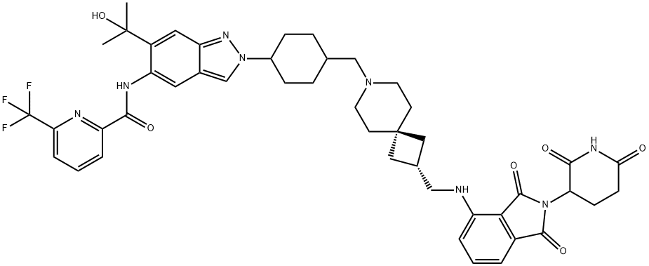 2-Pyridinecarboxamide, N-[2-[trans-4-[[2-[[[2-(2,6-dioxo-3-piperidinyl)-2,3-dihydro-1,3-dioxo-1H-isoindol-4-yl]amino]methyl]-7-azaspiro[3.5]non-7-yl]methyl]cyclohexyl]-6-(1-hydroxy-1-methylethyl)-2H-indazol-5-yl]-6-(trifluoromethyl)- Structure
