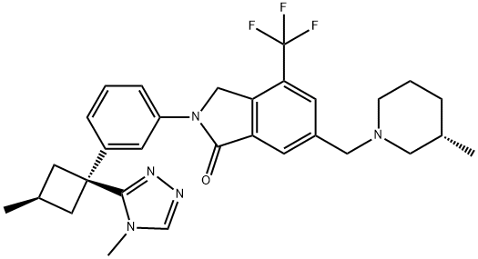 1H-Isoindol-1-one, 2,3-dihydro-2-[3-[cis-3-methyl-1-(4-methyl-4H-1,2,4-triazol-3-yl)cyclobutyl]phenyl]-6-[[(3S)-3-methyl-1-piperidinyl]methyl]-4-(trifluoromethyl)- Struktur