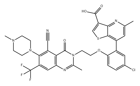 Thieno[3,2-b]pyridine-3-carboxylic acid, 7-[5-chloro-2-[2-[5-cyano-2-methyl-6-(4-methyl-1-piperazinyl)-4-oxo-7-(trifluoromethyl)-3(4H)-quinazolinyl]ethoxy]phenyl]-5-methyl- Struktur