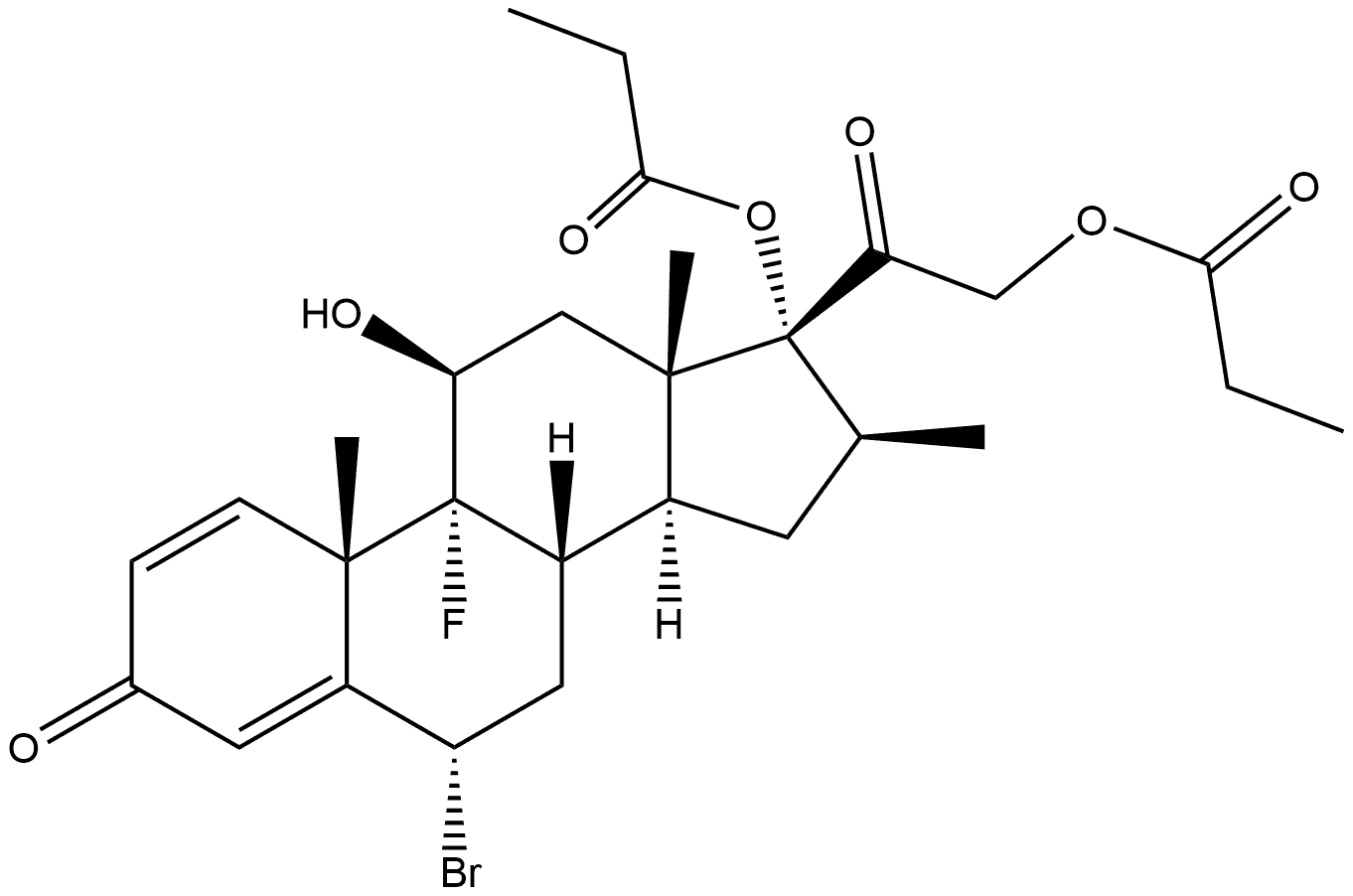 Pregna-1,4-diene-3,20-dione, 6-bromo-9-fluoro-11-hydroxy-16-methyl-17,21-bis(1-oxopropoxy)-, (6α,11β,16β)- Struktur