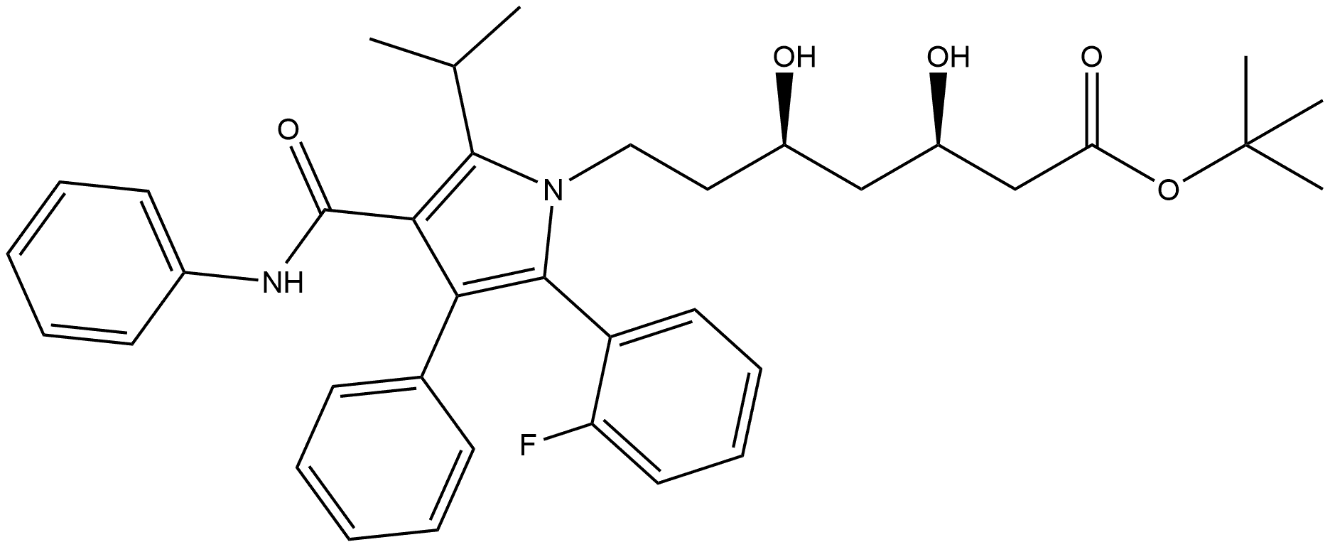 1H-Pyrrole-1-heptanoic acid, 2-(2-fluorophenyl)-β,δ-dihydroxy-5-(1-methylethyl)-3-phenyl-4-[(phenylamino)carbonyl]-, 1,1-dimethylethyl ester, (βR,δR)- 化学構造式