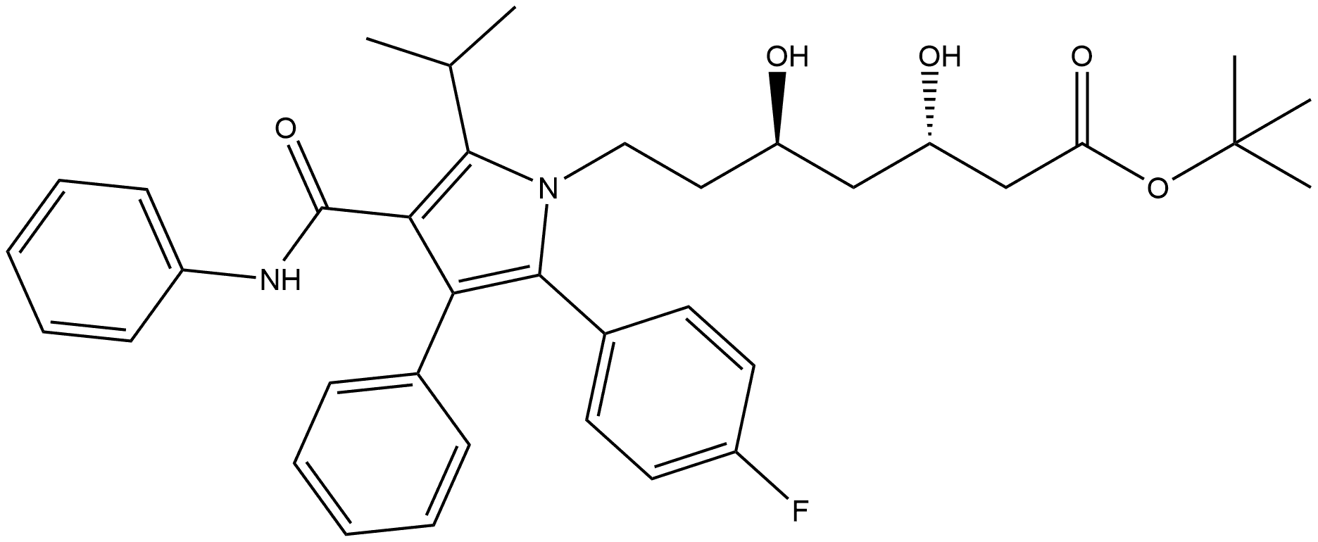 1H-Pyrrole-1-heptanoic acid, 2-(4-fluorophenyl)-β,δ-dihydroxy-5-(1-methylethyl)-3-phenyl-4-[(phenylamino)carbonyl]-, 1,1-dimethylethyl ester, (βS,δR)- 化学構造式