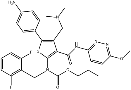 Carbamic acid, N-[5-(4-aminophenyl)-4-[(dimethylamino)methyl]-3-[[(6-methoxy-3-pyridazinyl)amino]carbonyl]-2-thienyl]-N-[(2,6-difluorophenyl)methyl]-, propyl ester Struktur