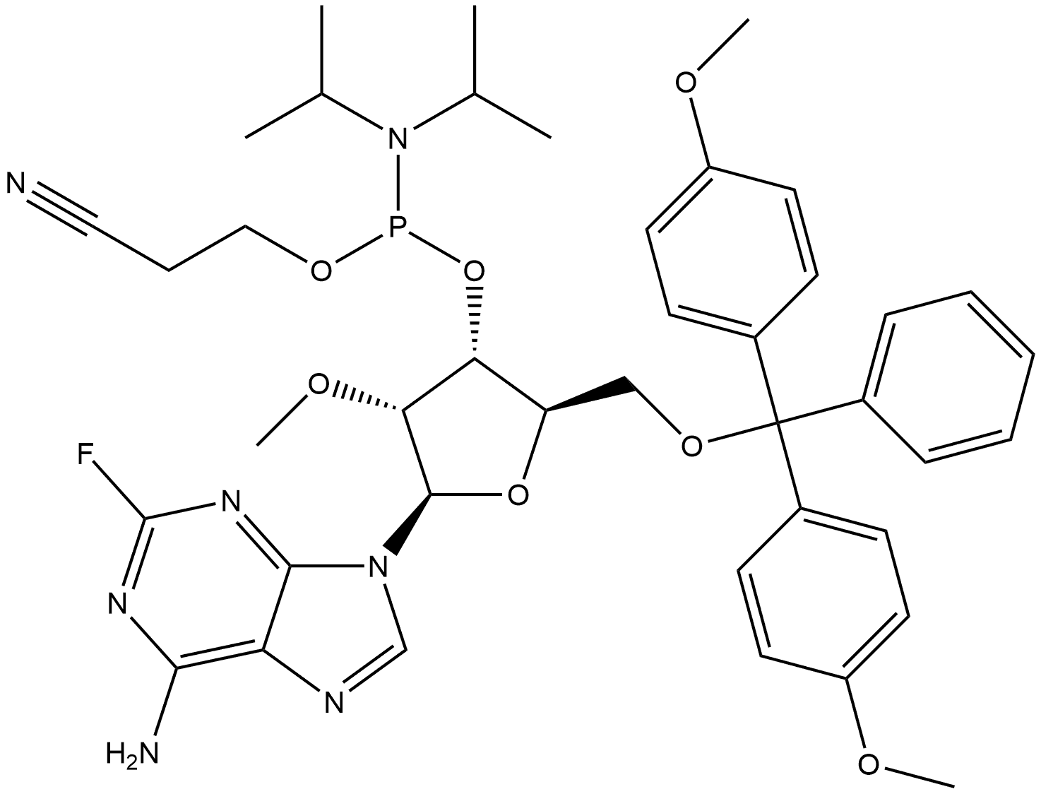 Adenosine, 5′-O-[bis(4-methoxyphenyl)phenylmethyl]-2-fluoro-2′-O-methyl-, 3′-[2-cyanoethyl N,N-bis(1-methylethyl)phosphoramidite] Struktur
