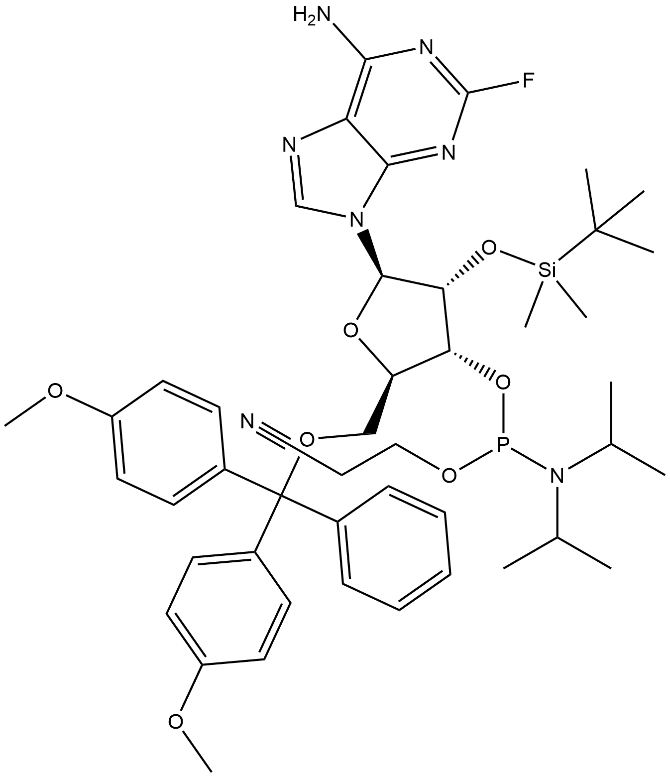 Adenosine, 5′-O-[bis(4-methoxyphenyl)phenylmethyl]-2′-O-[(1,1-dimethylethyl)dimethylsilyl]-2-fluoro-, 3′-[2-cyanoethyl N,N-bis(1-methylethyl)phosphoramidite] Struktur