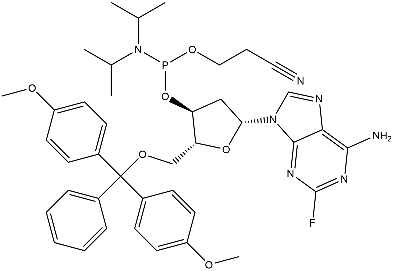 259528-03-5 (2R,3S,5R)-5-(6-氨基-2-氟-9H-嘌呤-9-基)-2-((双(4-甲氧基苯基)(苯基)甲氧基)甲基)四氢呋喃-3-基(2-氰乙基)二异丙基亚磷酰胺