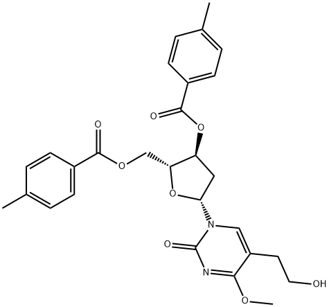 Uridine, 2'-deoxy-5-(2-hydroxyethyl)-4-O-methyl-, 3',5'-bis(4-methylbenzoate) (9CI) Struktur