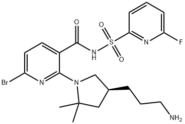 3-Pyridinecarboxamide, 2-[(4S)-4-(3-aminopropyl)-2,2-dimethyl-1-pyrrolidinyl]-6-bromo-N-[(6-fluoro-2-pyridinyl)sulfonyl]- Structure