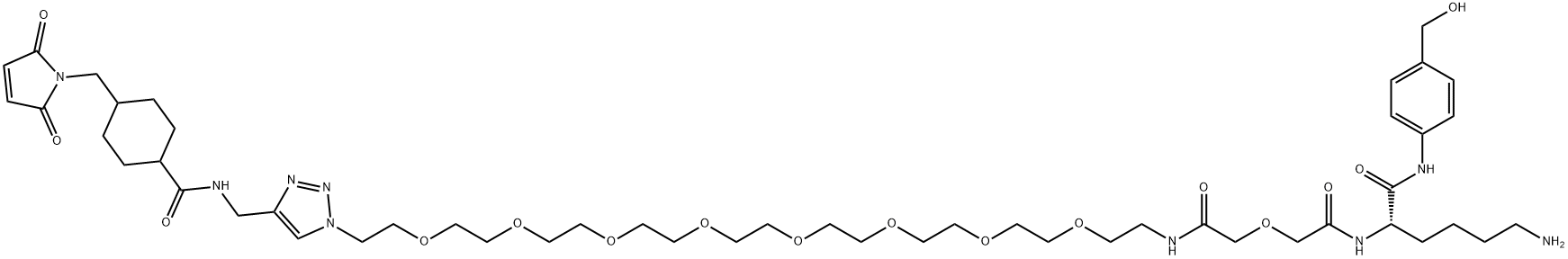 6,12,15,18,21,24,27,30,33-Nonaoxa-3,9-diazapentatriacontanamide, 2-(4-aminobutyl)-35-[4-[[[[4-[(2,5-dihydro-2,5-dioxo-1H-pyrrol-1-yl)methyl]cyclohexyl]carbonyl]amino]methyl]-1H-1,2,3-triazol-1-yl]-N-[4-(hydroxymethyl)phenyl]-4,8-dioxo-, (2S)-,2616704-22-2,结构式