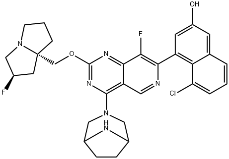 2-Naphthalenol, 5-chloro-4-[4-(3,8-diazabicyclo[3.2.1]oct-3-yl)-8-fluoro-2-[[(2R,7aS)-2-fluorotetrahydro-1H-pyrrolizin-7a(5H)-yl]methoxy]pyrido[4,3-d]pyrimidin-7-yl]- 化学構造式