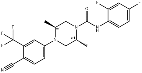 1-Piperazinecarboxamide, 4-[4-cyano-3-(trifluoromethyl)phenyl]-N-(2,4-difluorophenyl)-2,5-dimethyl-, (2R,5S)-rel- 化学構造式