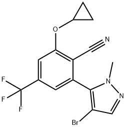 Benzonitrile, 2-(4-bromo-1-methyl-1H-pyrazol-5-yl)-6-(cyclopropyloxy)-4-(trifluoromethyl)- 化学構造式