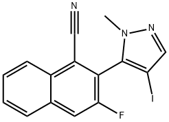 1-Naphthalenecarbonitrile, 3-fluoro-2-(4-iodo-1-methyl-1H-pyrazol-5-yl)- 化学構造式