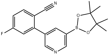 Benzonitrile, 4-fluoro-2-[5-(4,4,5,5-tetramethyl-1,3,2-dioxaborolan-2-yl)-3-pyridinyl]- 化学構造式