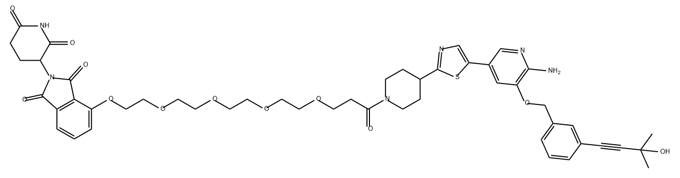 1H-Isoindole-1,3(2H)-dione, 4-[[15-[4-[5-[6-amino-5-[[3-(3-hydroxy-3-methyl-1-butyn-1-yl)phenyl]methoxy]-3-pyridinyl]-2-thiazolyl]-1-piperidinyl]-15-oxo-3,6,9,12-tetraoxapentadec-1-yl]oxy]-2-(2,6-dioxo-3-piperidinyl)- 化学構造式
