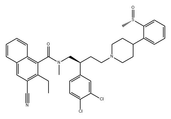 1-Naphthalenecarboxamide, 3-cyano-N-[(2S)-2-(3,4-dichlorophenyl)-4-[4-[2-[(S)-methylsulfinyl]phenyl]-1-piperidinyl]butyl]-2-ethyl-N-methyl- Struktur