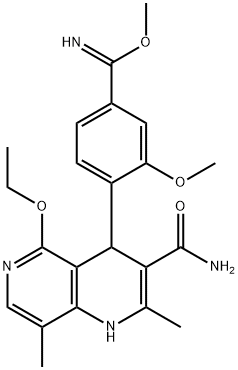 Benzenecarboximidic acid, 4-[3-(aminocarbonyl)-5-ethoxy-1,4-dihydro-2,8-dimethyl-1,6-naphthyridin-4-yl]-3-methoxy-, methyl ester Struktur