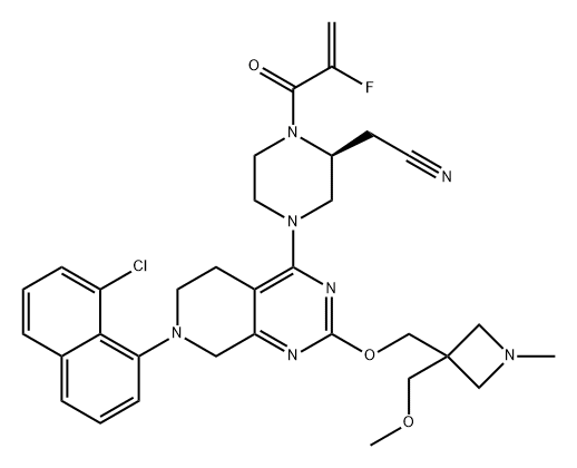 2-Piperazineacetonitrile, 4-[7-(8-chloro-1-naphthalenyl)-5,6,7,8-tetrahydro-2-[[3-(methoxymethyl)-1-methyl-3-azetidinyl]methoxy]pyrido[3,4-d]pyrimidin-4-yl]-1-(2-fluoro-1-oxo-2-propen-1-yl)-, (2S)- 化学構造式