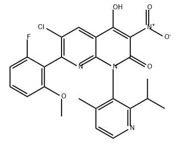 1,8-Naphthyridin-2(1H)-one, 6-chloro-7-(2-fluoro-6-methoxyphenyl)-4-hydroxy-1-[4-methyl-2-(1-methylethyl)-3-pyridinyl]-3-nitro- Struktur