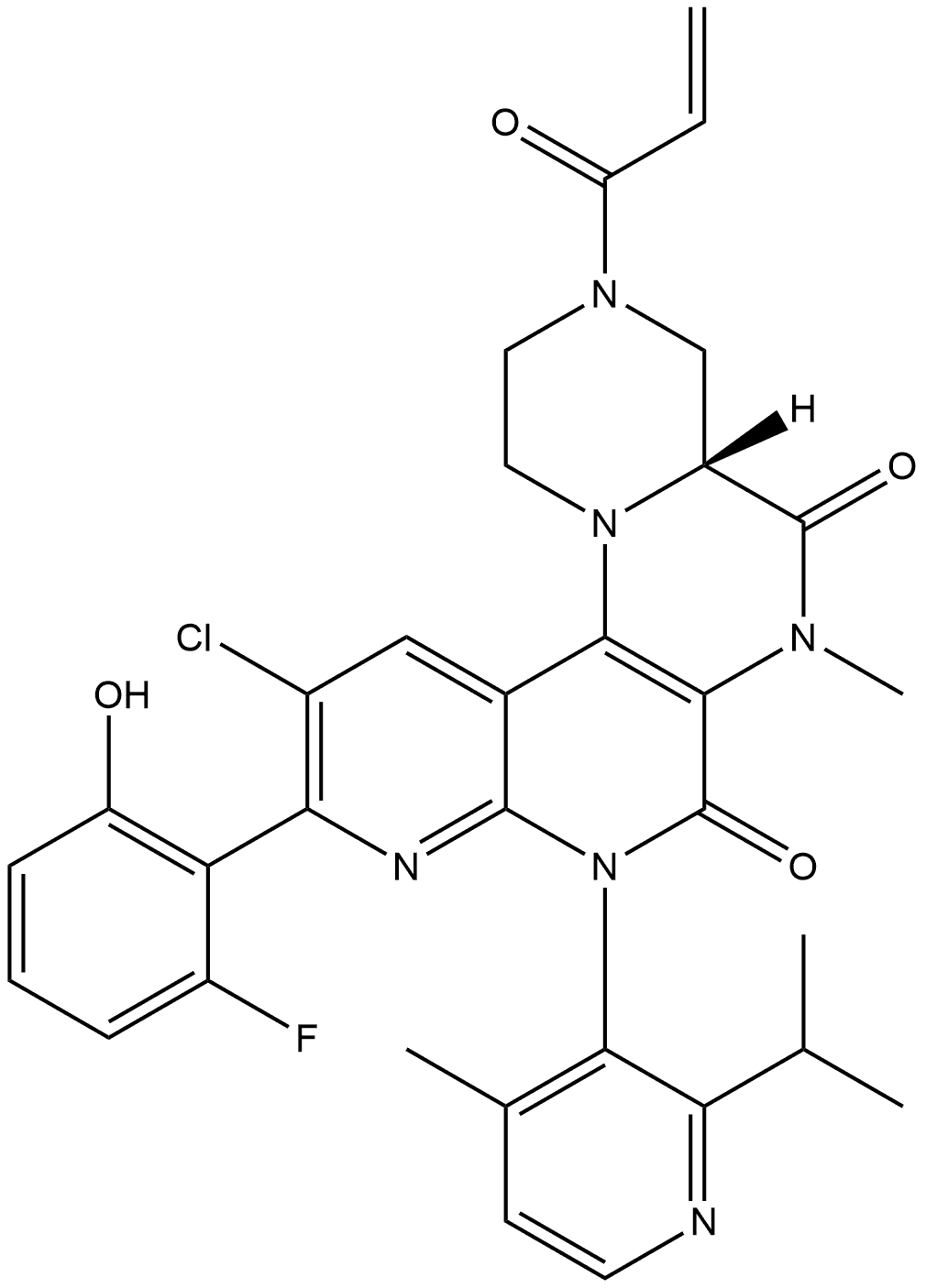 1H-Pyrazino[1',2':4,5]pyrazino[2,3-c][1,8]naphthyridine-5,7-dione, 11-chloro-10-(2-fluoro-6-hydroxyphenyl)-2,3,4,4a,6,8-hexahydro-6-methyl-8-[4-methyl-2-(1-methylethyl)-3-pyridinyl]-3-(1-oxo-2-propen-1-yl)-, (4aR,8R)-,2641747-54-6,结构式