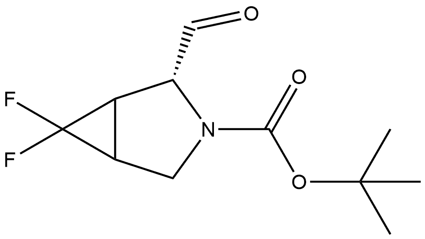 1,1-Dimethylethyl (2R)-6,6-difluoro-2-formyl-3-azabicyclo[3.1.0]hexane-3-carboxylate 化学構造式