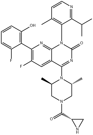 Pyrido[2,3-d]pyrimidin-2(1H)-one, 4-[(2R,6R)-4-[(2S)-2-aziridinylcarbonyl]-2,6-dimethyl-1-piperazinyl]-6-fluoro-7-(2-fluoro-6-hydroxyphenyl)-1-[4-methyl-2-(1-methylethyl)-3-pyridinyl]- Structure