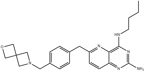 N4-Butyl-6-[[4-(2-oxa-6-azaspiro[3.3]hept-6-ylmethyl)phenyl]methyl]pyrido[3,2-d]pyrimidine-2,4-diamine Struktur