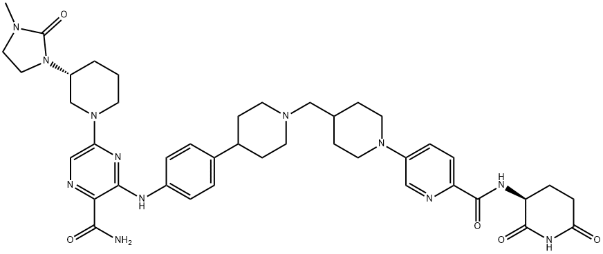 2-Pyrazinecarboxamide, 3-[[4-[1-[[1-[6-[[[(3S)-2,6-dioxo-3-piperidinyl]amino]carbonyl]-3-pyridinyl]-4-piperidinyl]methyl]-4-piperidinyl]phenyl]amino]-5-[(3R)-3-(3-methyl-2-oxo-1-imidazolidinyl)-1-piperidinyl]- Struktur