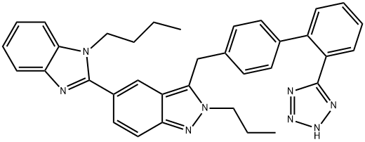 2H-Indazole, 5-(1-butyl-1H-benzimidazol-2-yl)-2-propyl-3-[[2'-(2H-tetrazol-5-yl)[1,1'-biphenyl]-4-yl]methyl]- Struktur