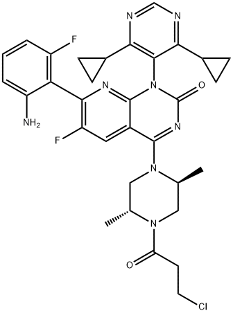 Pyrido[2,3-d]pyrimidin-2(1H)-one, 7-(2-amino-6-fluorophenyl)-4-[(2S,5R)-4-(3-chloro-1-oxopropyl)-2,5-dimethyl-1-piperazinyl]-1-(4,6-dicyclopropyl-5-pyrimidinyl)-6-fluoro- Structure