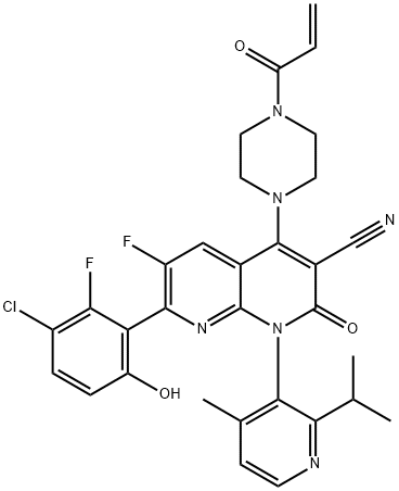 1,8-Naphthyridine-3-carbonitrile, 7-(3-chloro-2-fluoro-6-hydroxyphenyl)-6-fluoro-1,2-dihydro-1-[4-methyl-2-(1-methylethyl)-3-pyridinyl]-2-oxo-4-[4-(1-oxo-2-propen-1-yl)-1-piperazinyl]- Struktur
